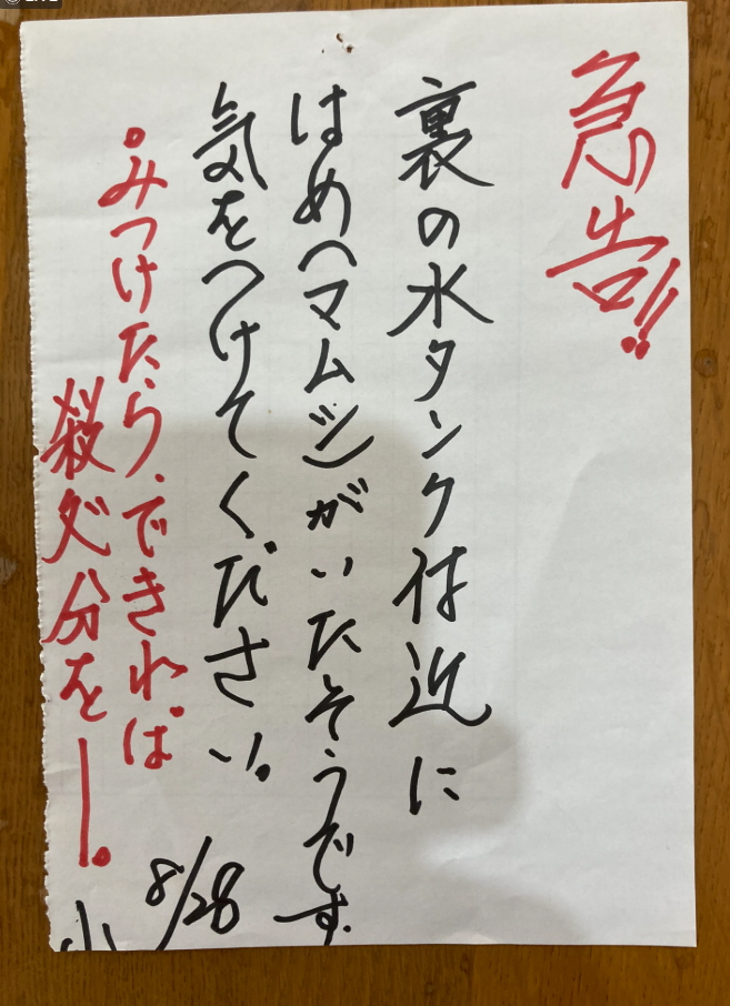 マムシ注意の張り紙
